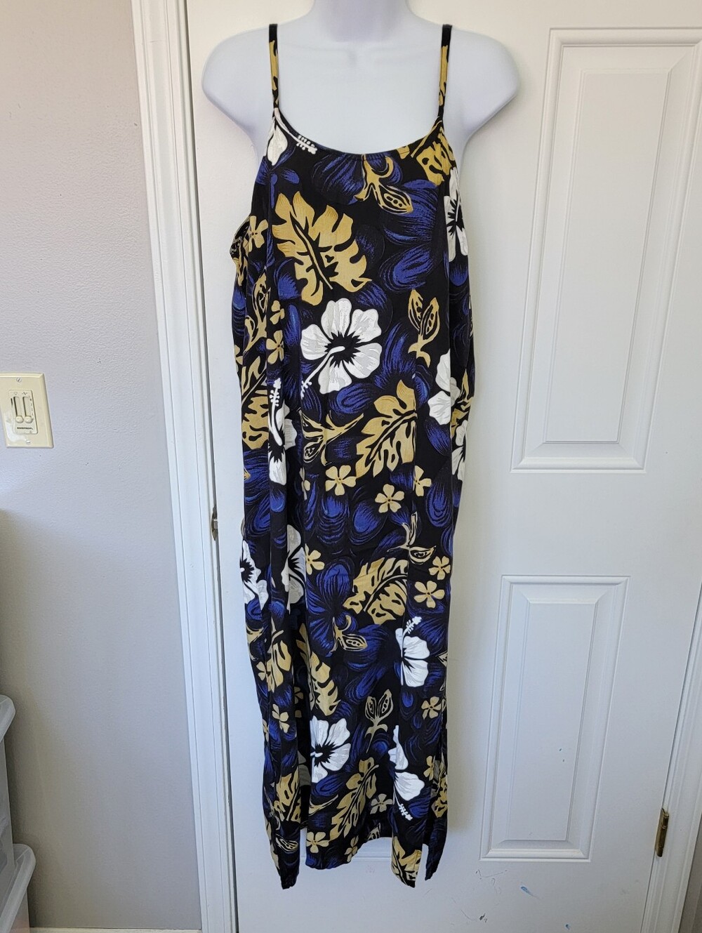 Island Imports Blue Yellow Tropical Floral Sleeveless Midi Dress Beach Size L/XL